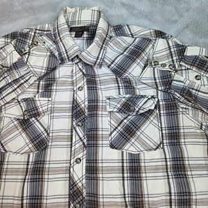 Helix Western Pearl Snap Shirt Mens Large White Black Plaid Studded 100% Cotton